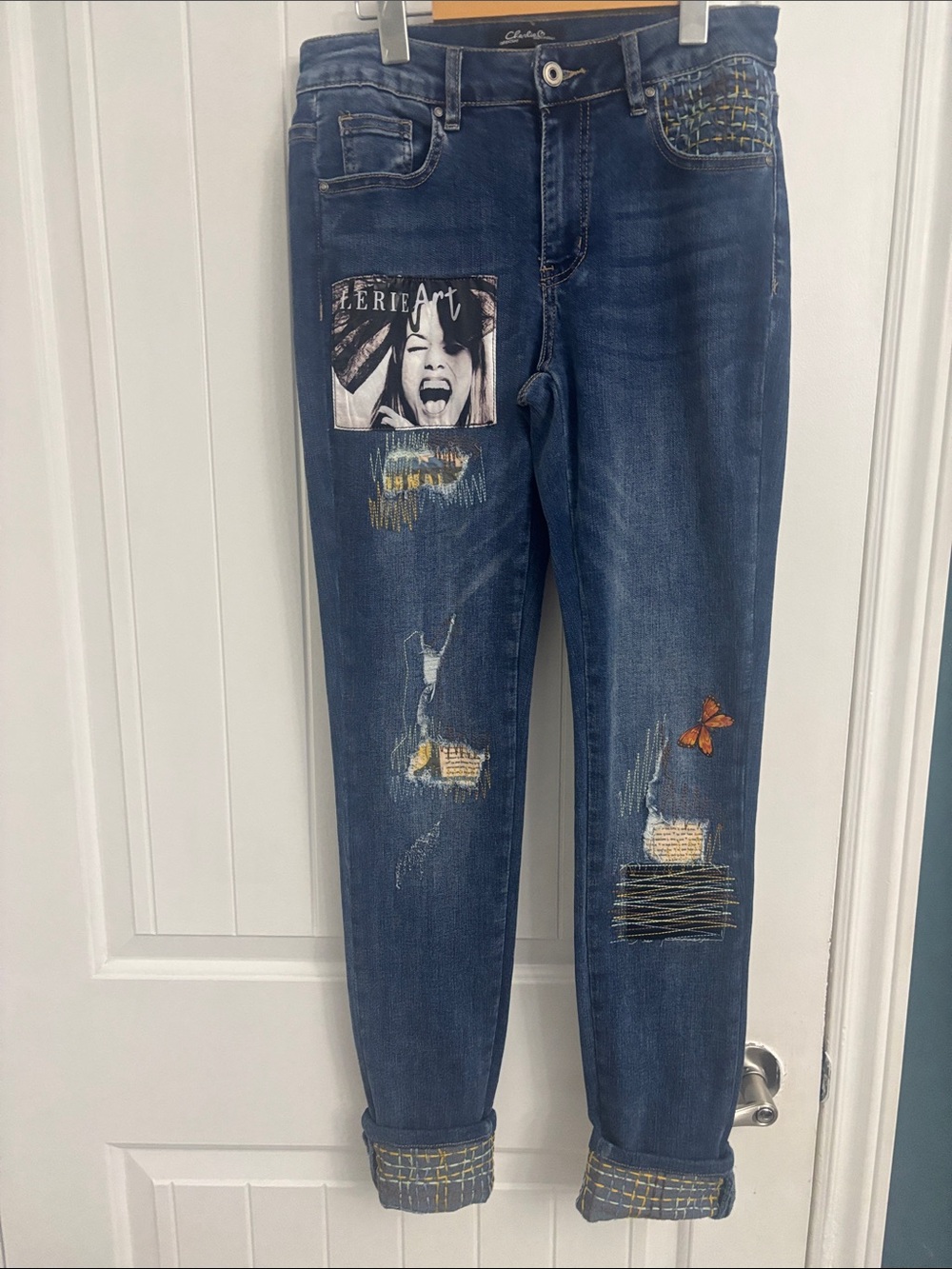 Embellished Dark Blue Women’s Jeans with Patchwork by Charlie B.